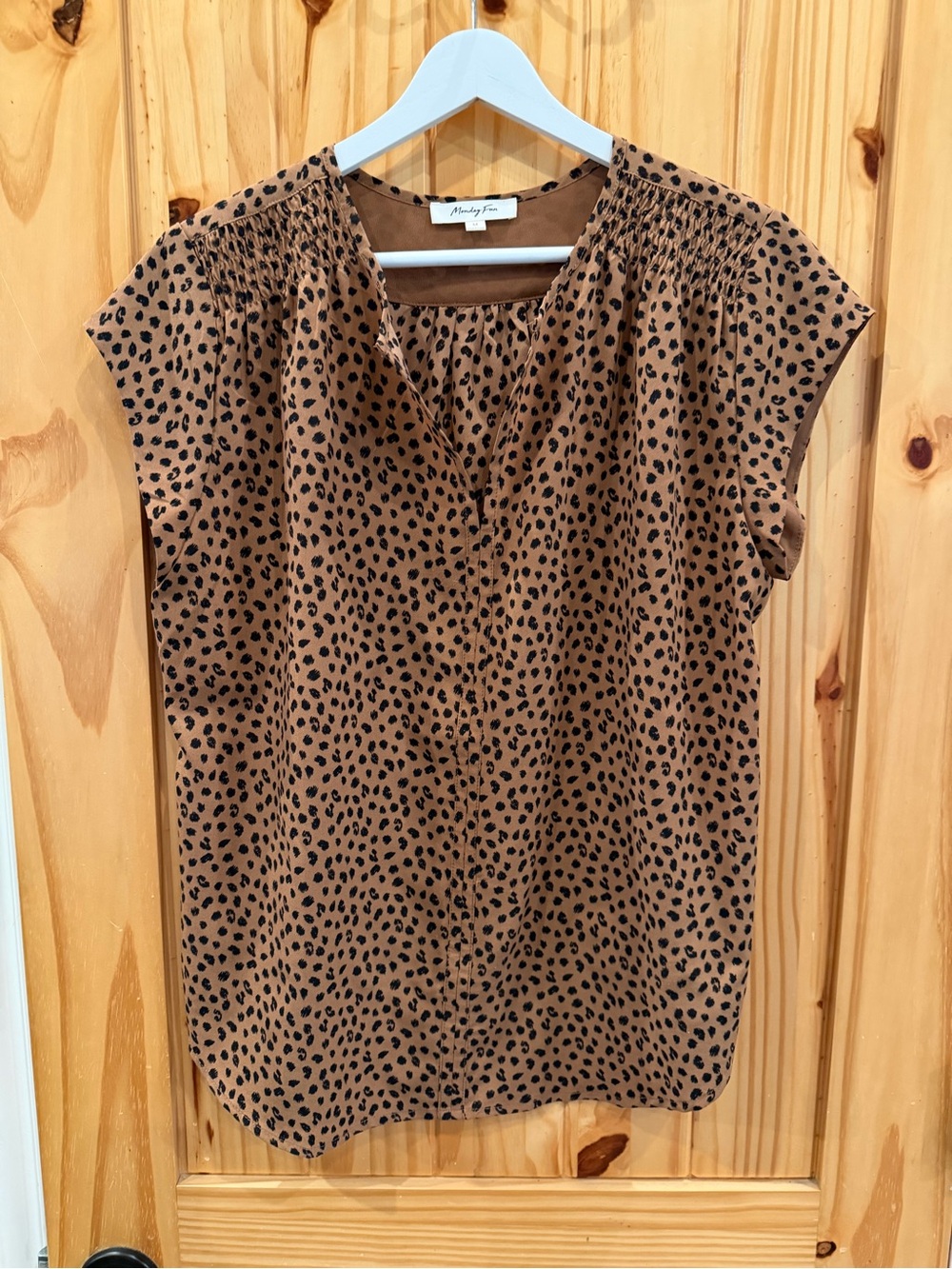 Smocked Shoulder V-Neck Leopard Print Blouse - Brown